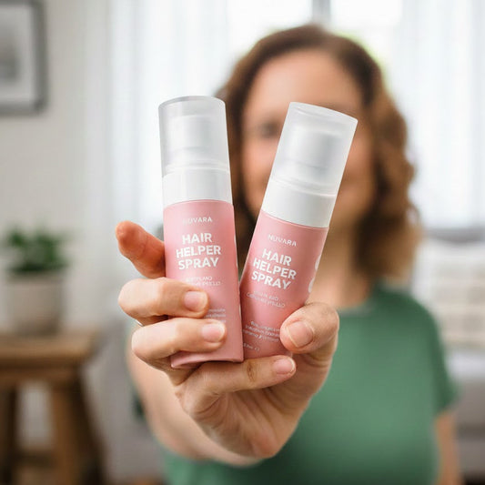 Person holding two bottles of 'Hair Helper Spray' in a blurred indoor setting